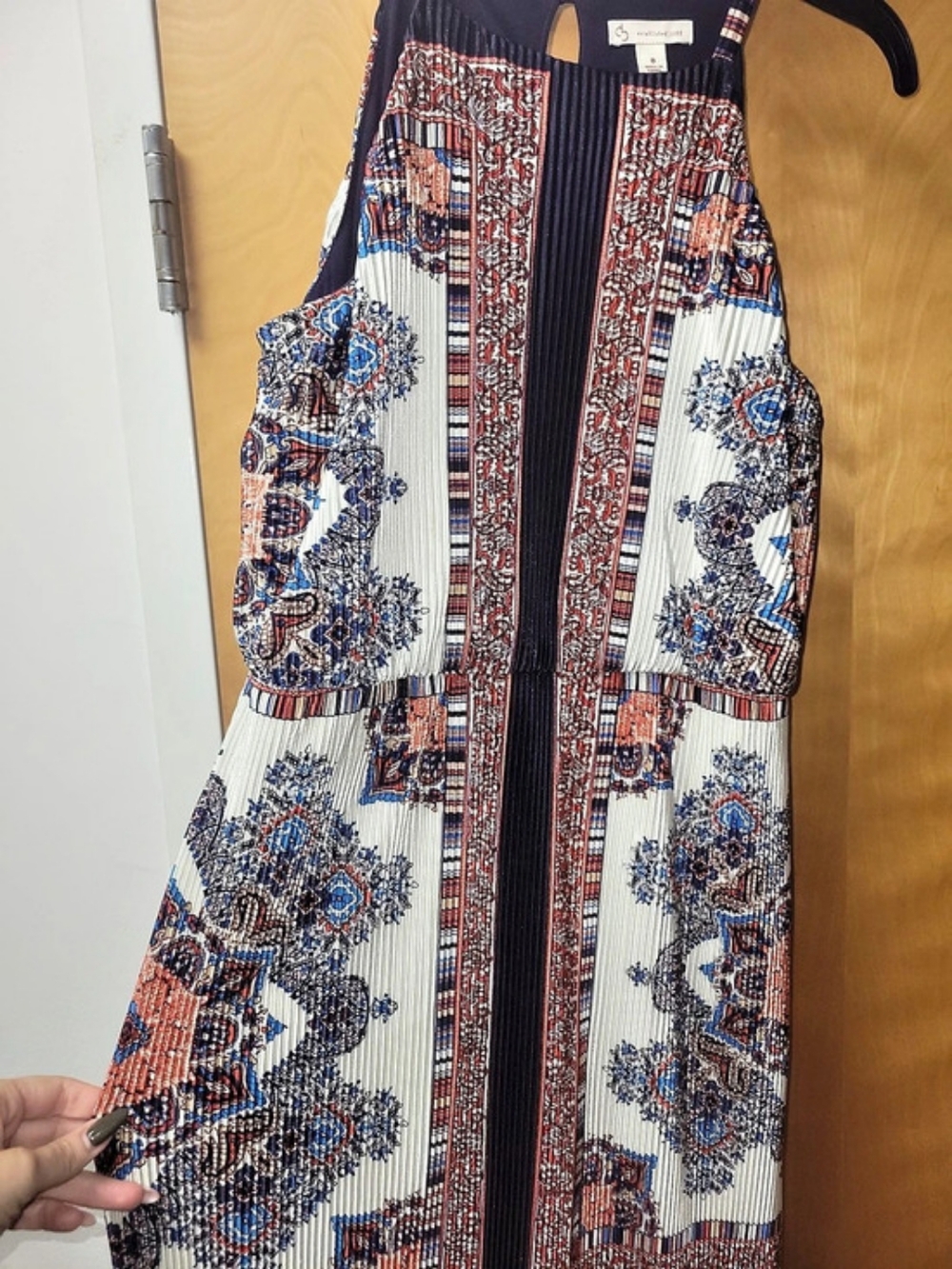 BCBGMAXAZRIA Pleated Maxi Dress in Blue & White Size Small